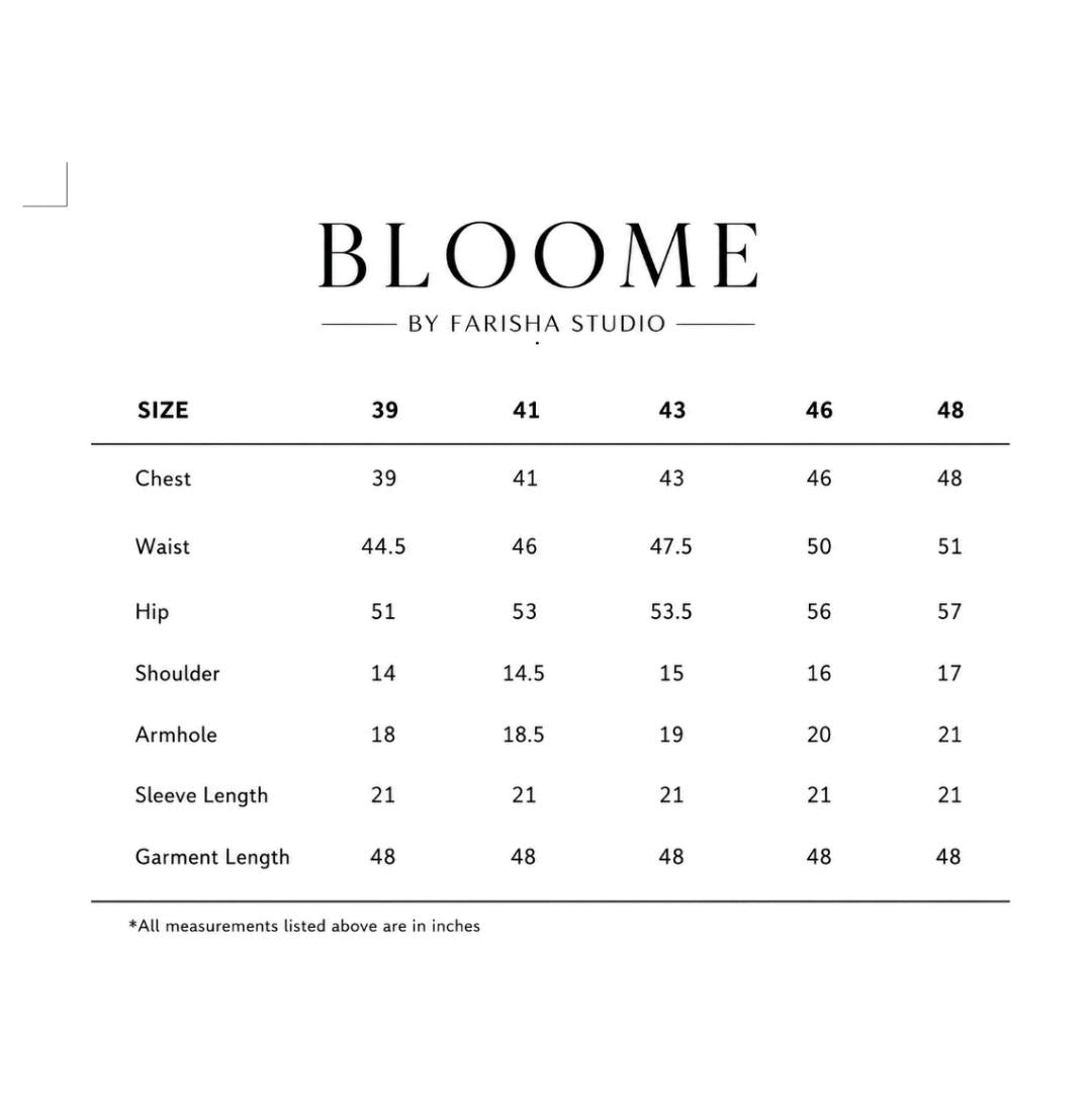 Size chart for clothing by Bloome by Farisha Studio with measurements in inches.